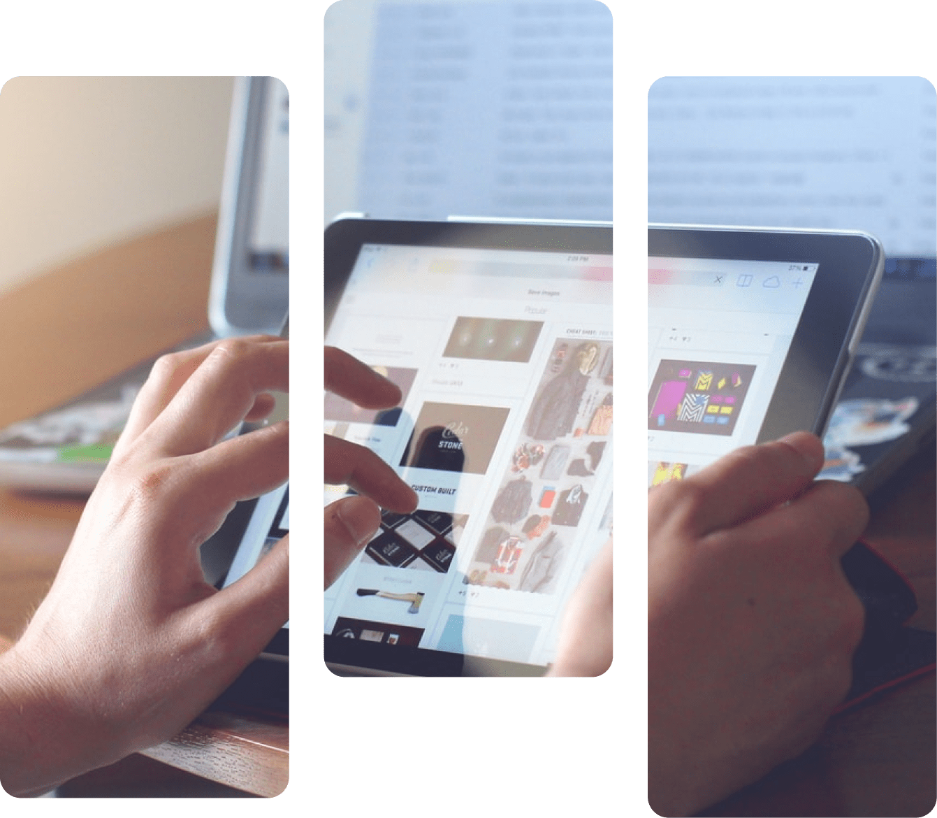 Nahaufnahme von Händen, die ein Tablet bedienen.